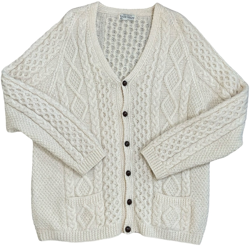 Vintage Kauri Kraft Cardigan Sweater Mens 44 Cream Cable Knit Wool New Zealand